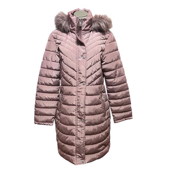 Kenneth Cole Womens Dusty Rose Chevron Quilted Down Long Puffer Jacket Sz L - Picture 1 of 13
